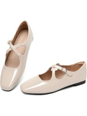 🆕Women's Nude Square Toe Mary Jane Flats Patent Leather Buckle Dress Shoes